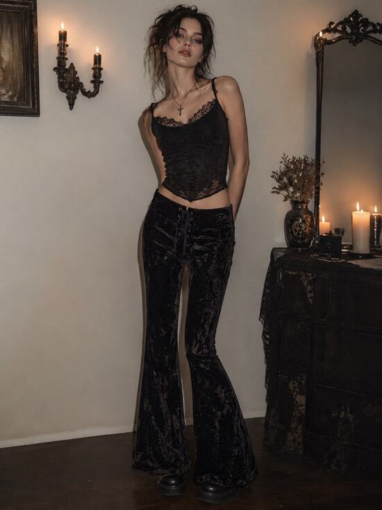 Killstar Pants - Killstar Carpe Noctem Black Velvet Corset Lace Up Flare Pants Whimsigoth Size XS